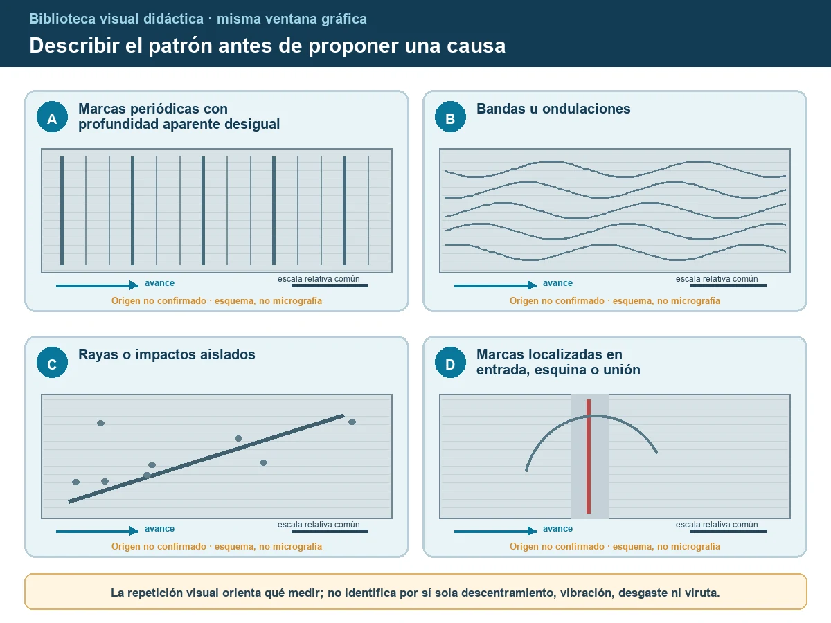 Cuatro esquemas comparables de marcas periódicas, bandas onduladas, rayas aisladas y marcas localizadas en una superficie fresada