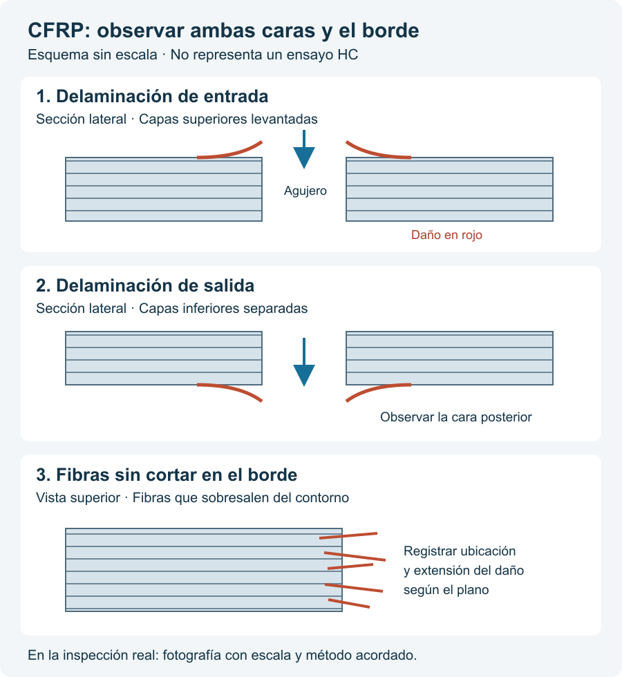 Esquema de delaminación de entrada y salida en sección, y fibras sin cortar en vista superior de un borde CFRP