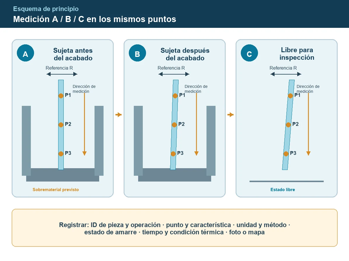 Esquema de puntos de medición en una pared delgada sujeta y liberada