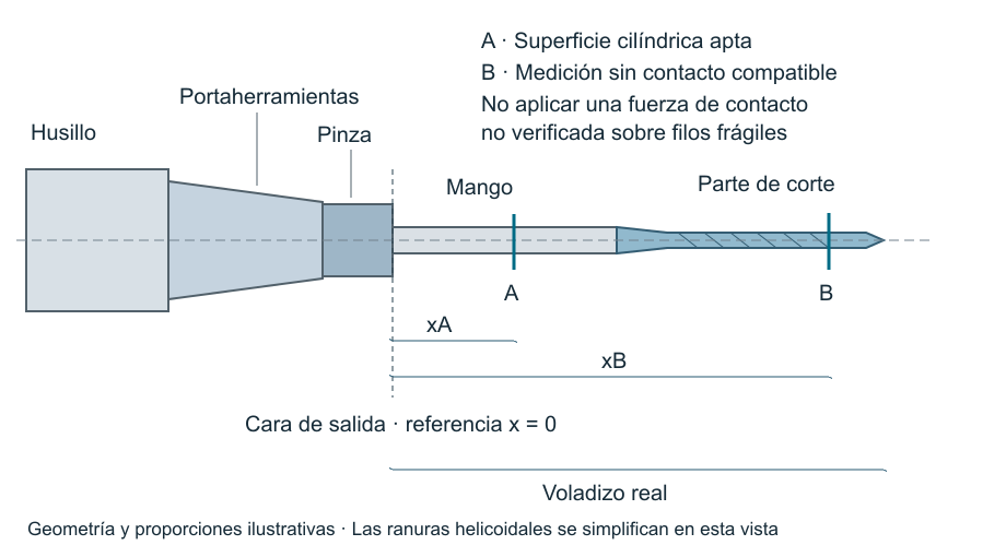 Zonas de medición del descentramiento en el mango y la parte de corte de una microbroca montada en su portaherramientas.