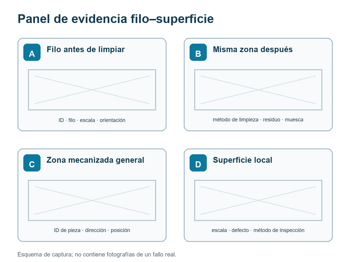 Esquema de cuatro vistas para registrar el filo de una fresa y la superficie de la pieza