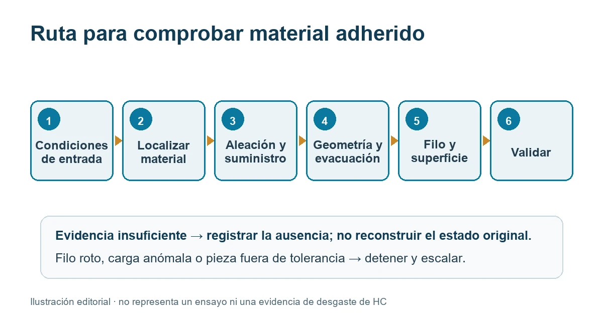 Ruta para localizar material adherido en la fresa y compararlo con la superficie mecanizada