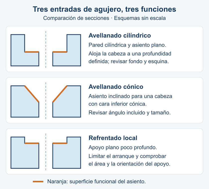 Secciones esquemáticas de un cajeado cilíndrico de fondo plano, un avellanado cónico y un refrentado local poco profundo