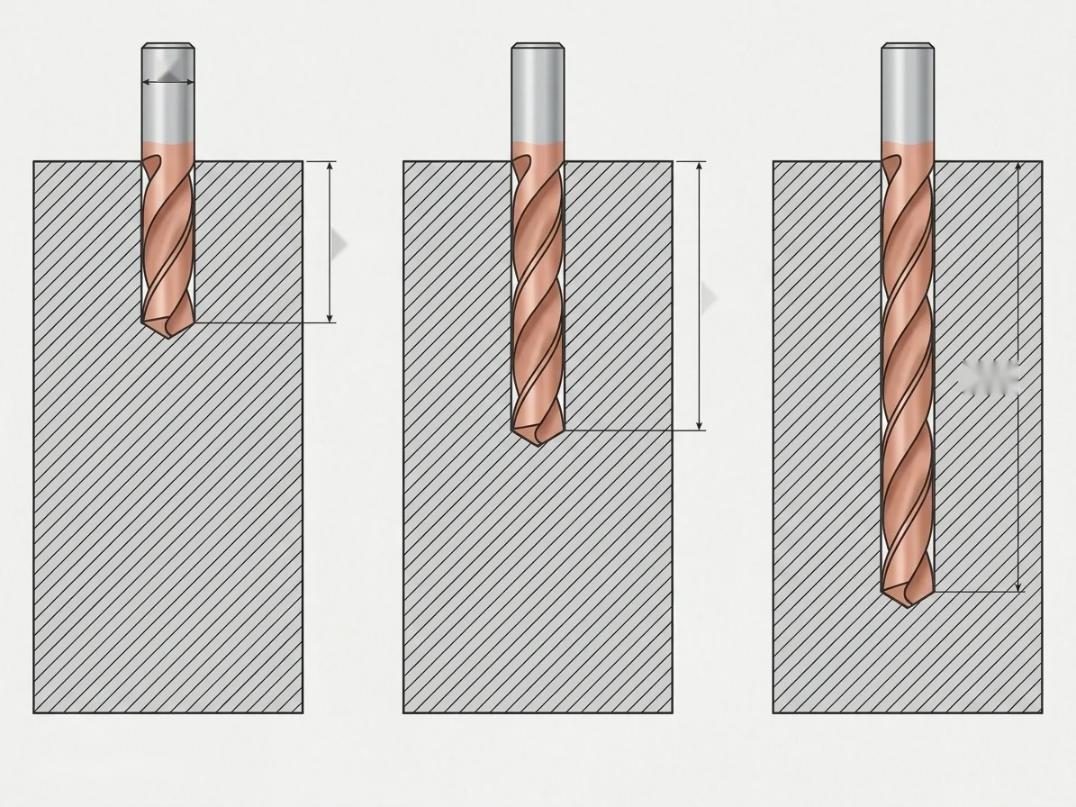 Hard metal taladro bit of different lengths for comparison of 3 × D, 5 × D and 8 × D series