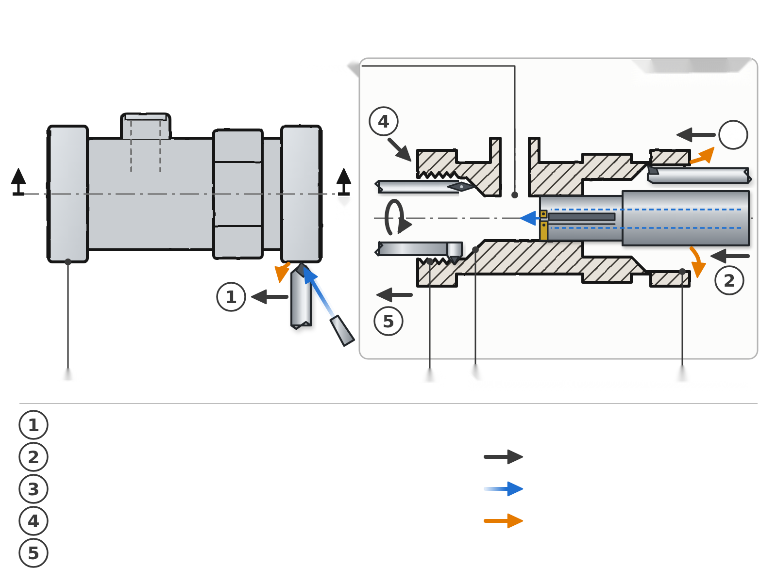 Cuerpo de válvula esquemática para aceite y gas con número de referencia externo, agujero, asiento sellado, hilo y cruce