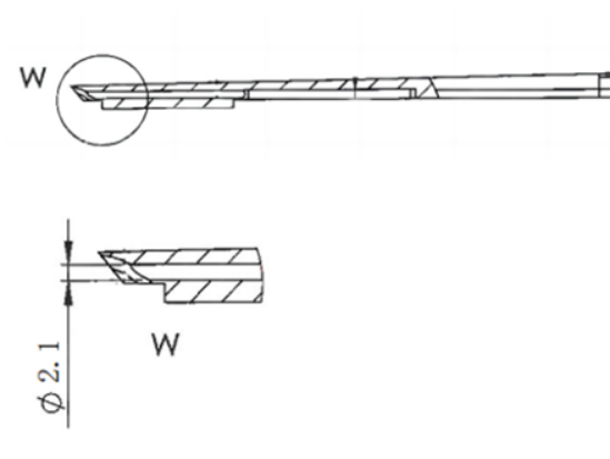 Plano de sección del componente de pinza quirúrgica con agujero de diámetro 2,1 mm