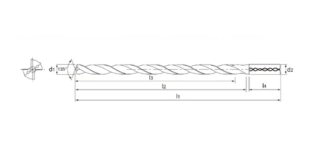 Diagrama de un taladro largo con los diámetros d1 y d2, las longitudes l1, l2, l3 y l4 y el ángulo pico a 135°