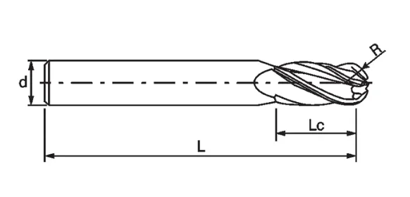 Esquema de fresa con d, L, Lc y R